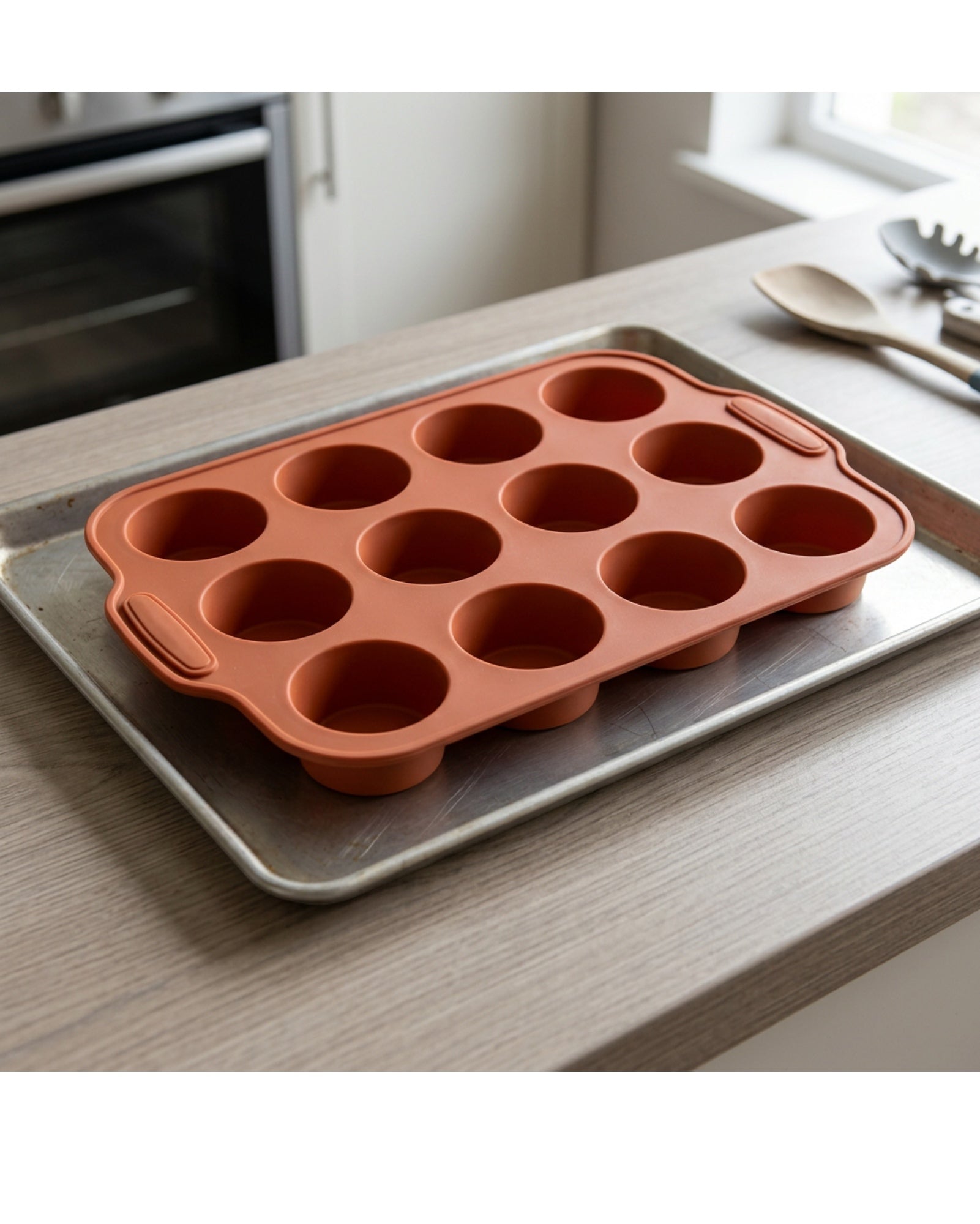 Zdvgf Roundnest Silicone Muffin Baking Mold 12 Cavity Terracotta - Lifestyle view